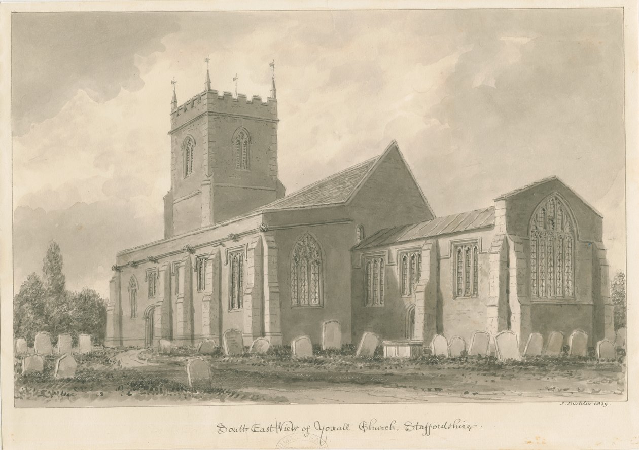 Igreja Yoxall: desenho sépia de John Buckler