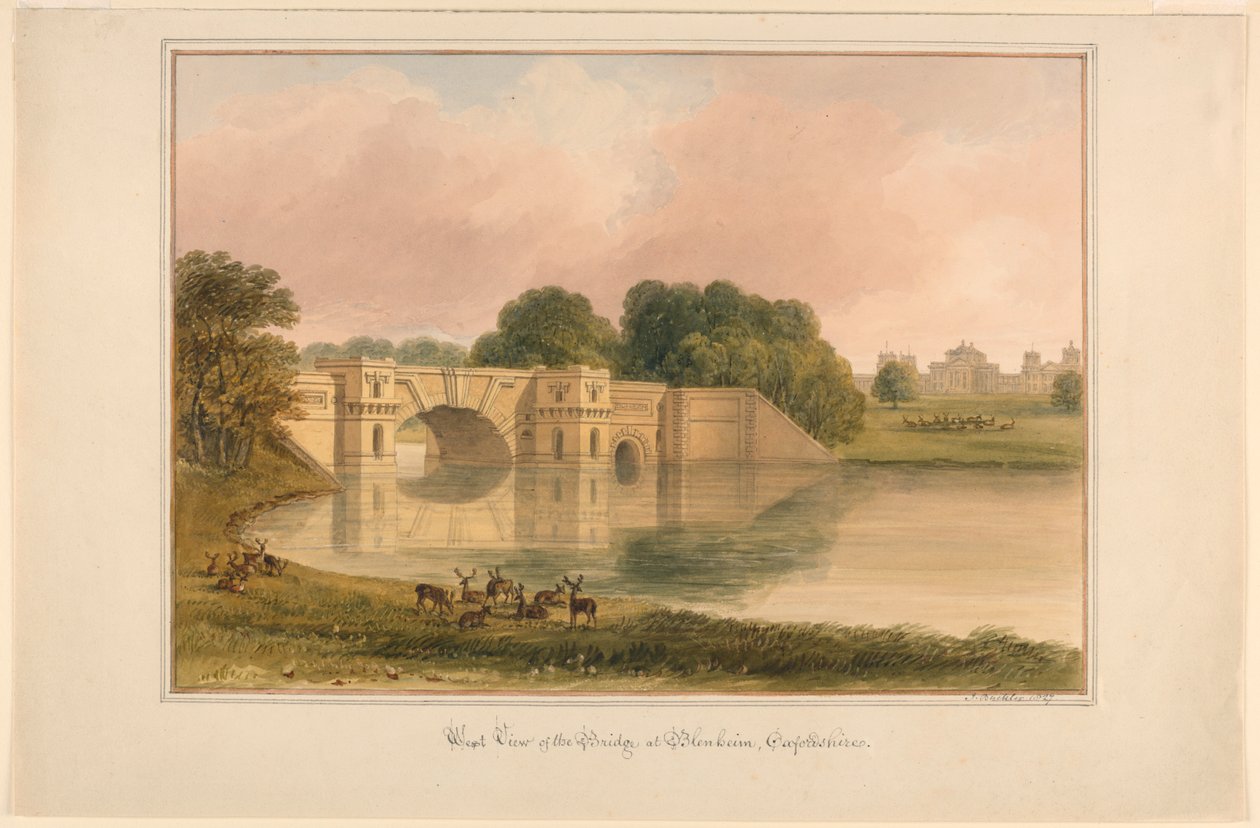 Vista oeste da ponte em Blenheim, Oxfordshire de John Buckler, F.S.A.