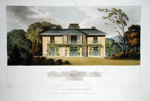 A Cottage Orne, do "Repositório de Artes" de Ackermann, publicado em 1818 (cor litho) de John Buonarotti Papworth