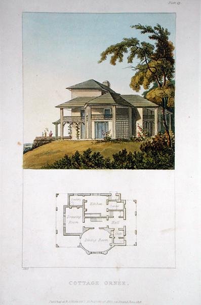 A Cottage Ornee, do "Repositório de Artes" de Ackermann, publicado em 1818 (cor litho) de John Buonarotti Papworth