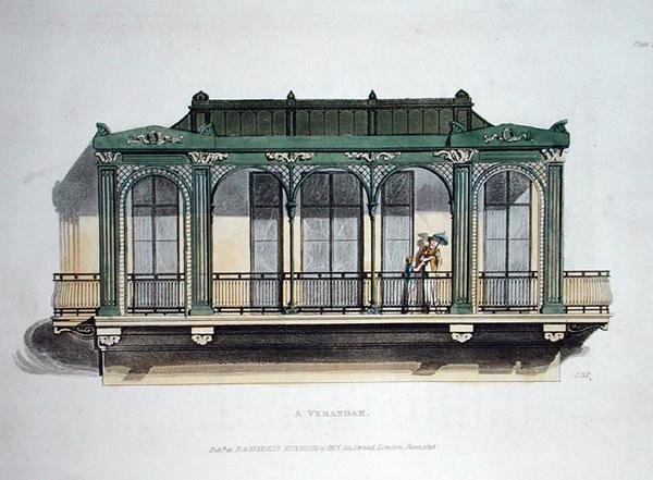 A Verandah, do "Repositório de Artes" de Ackermann, publicado em 1818 (cor litho) de John Buonarotti Papworth