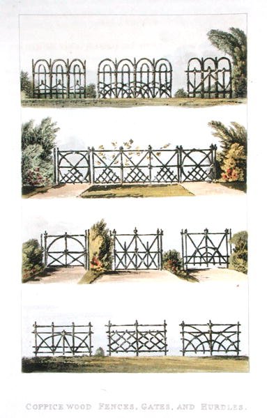 Cercas, portões e barreiras de madeira de talha, do "Repositório de Artes" de Ackermann, publicado em 1823 (cor litho) de John Buonarotti Papworth