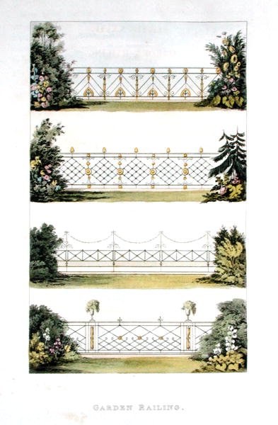 Garden Railing, do "Repositório de Artes" de Ackermann, publicado em 1823 (cor litho) de John Buonarotti Papworth