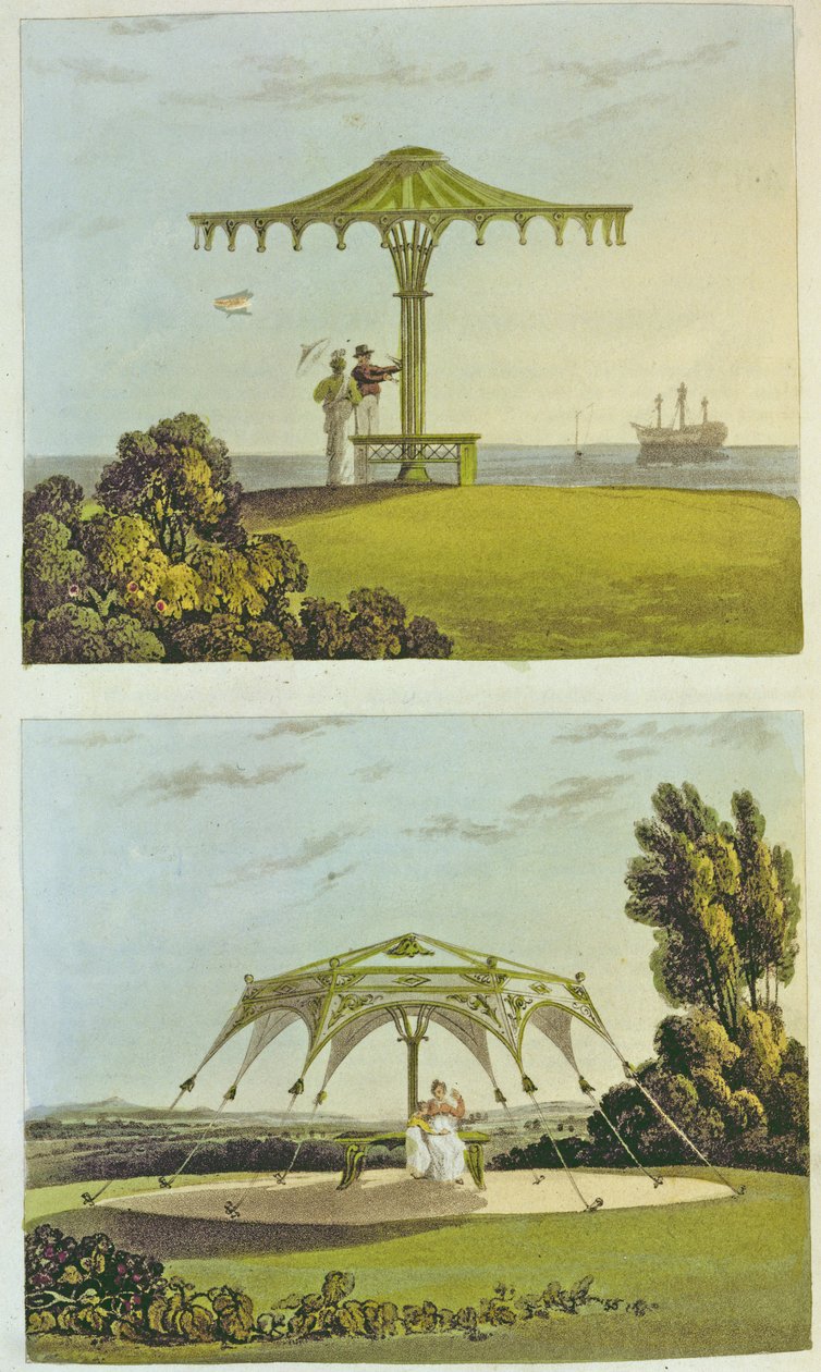 Dois assentos de jardim cobertos ornamentados de &39;Repository of Arts&39;, por Ackermann, 1822 de John Buonarotti Papworth