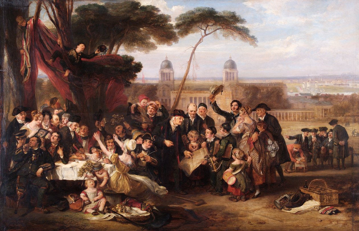 Os pensionistas de Greenwich Comemorando Trafalgar, c.1835 (óleo sobre painel) de John Burnet