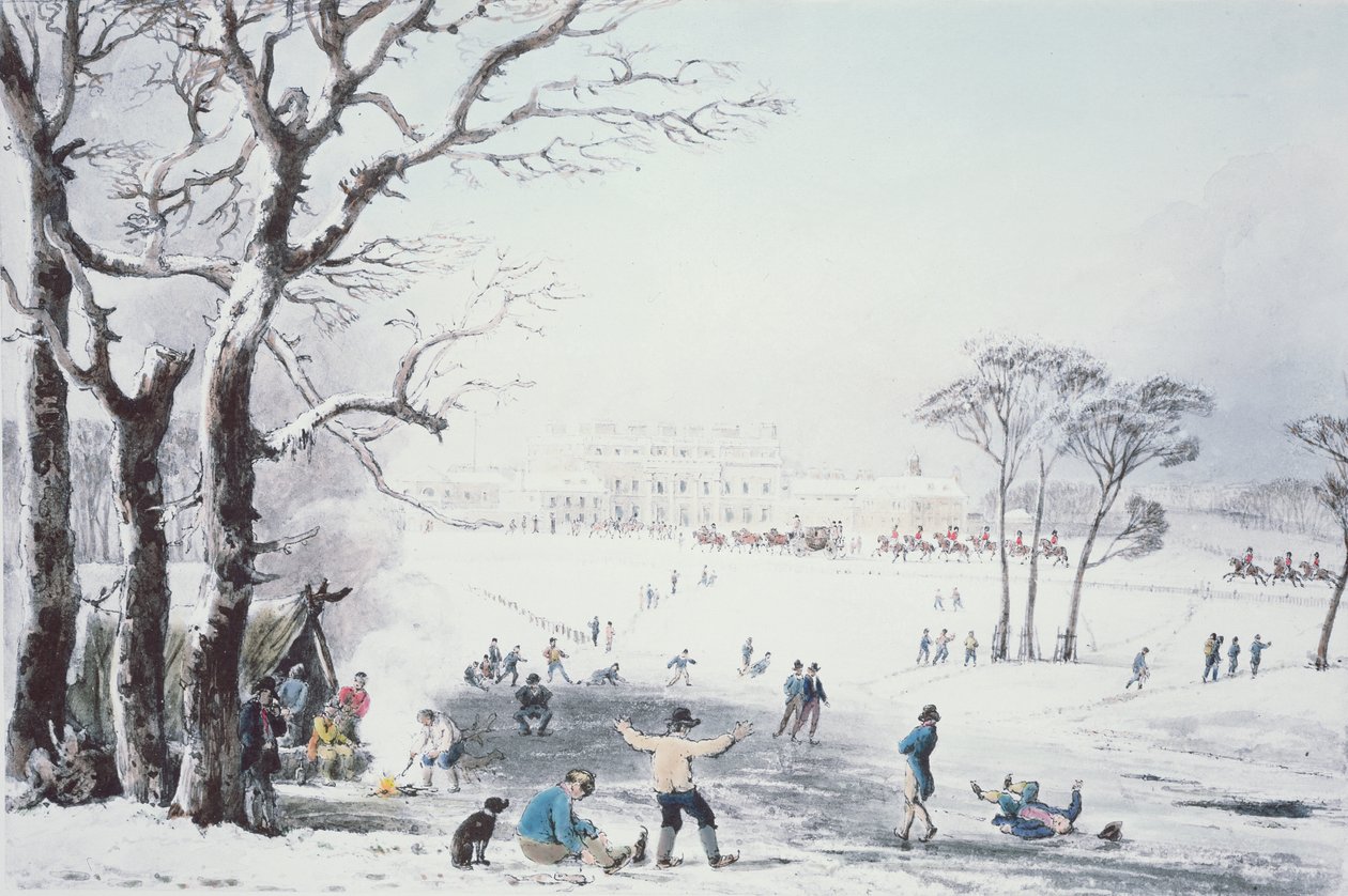 Vista da casa de Buckingham e do St James Park no inverno, bar. por R. Havell und Sons, 1810 de John Burnet