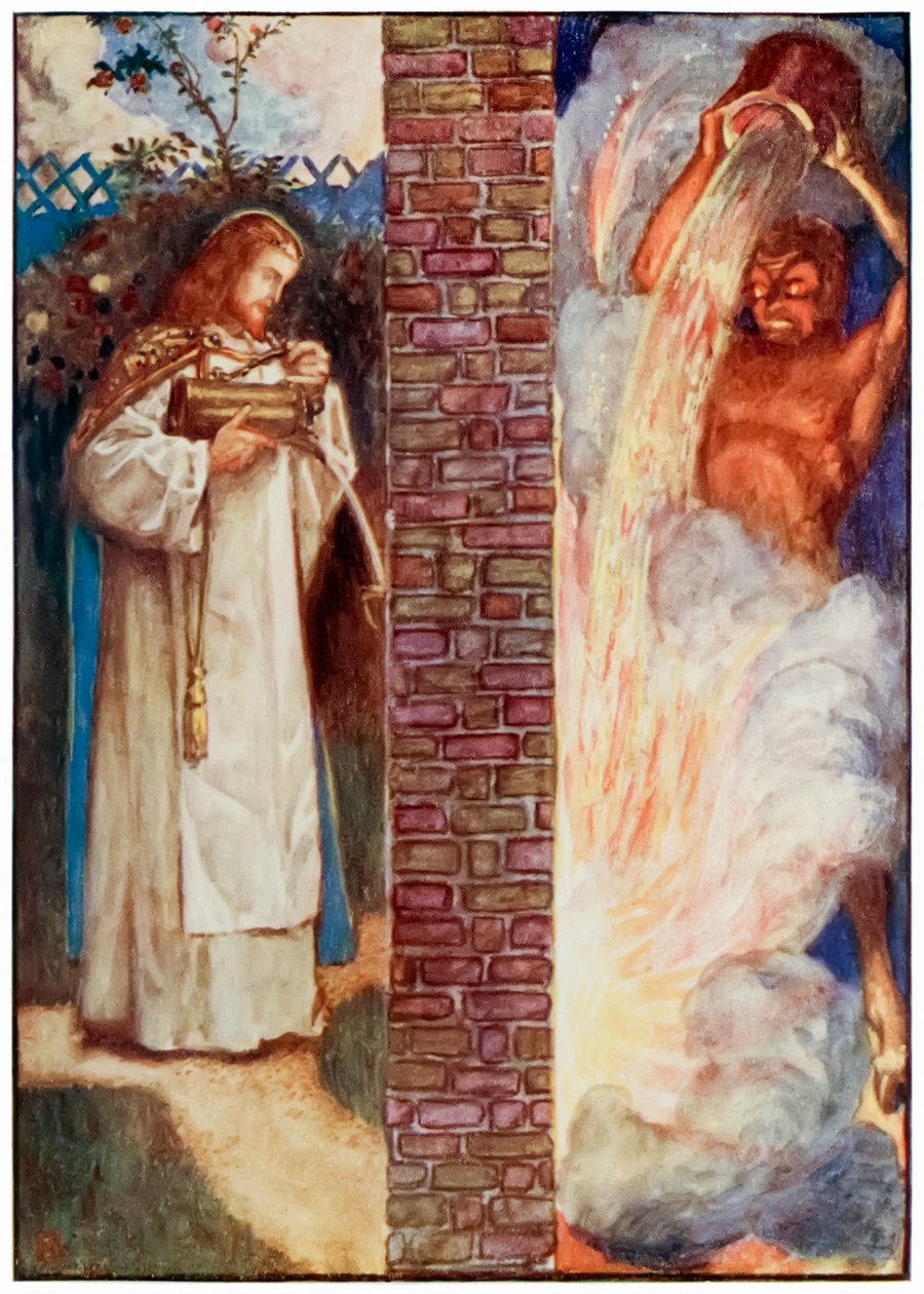 Cristo e o diabo dos peregrinos progridem deste mundo para o que está por vir John Bunyan (1628-1688) Ilustração de Byam Shaw (1872-1919) mostrando o fogo na parede. O diabo tenta de John Byam Liston Shaw