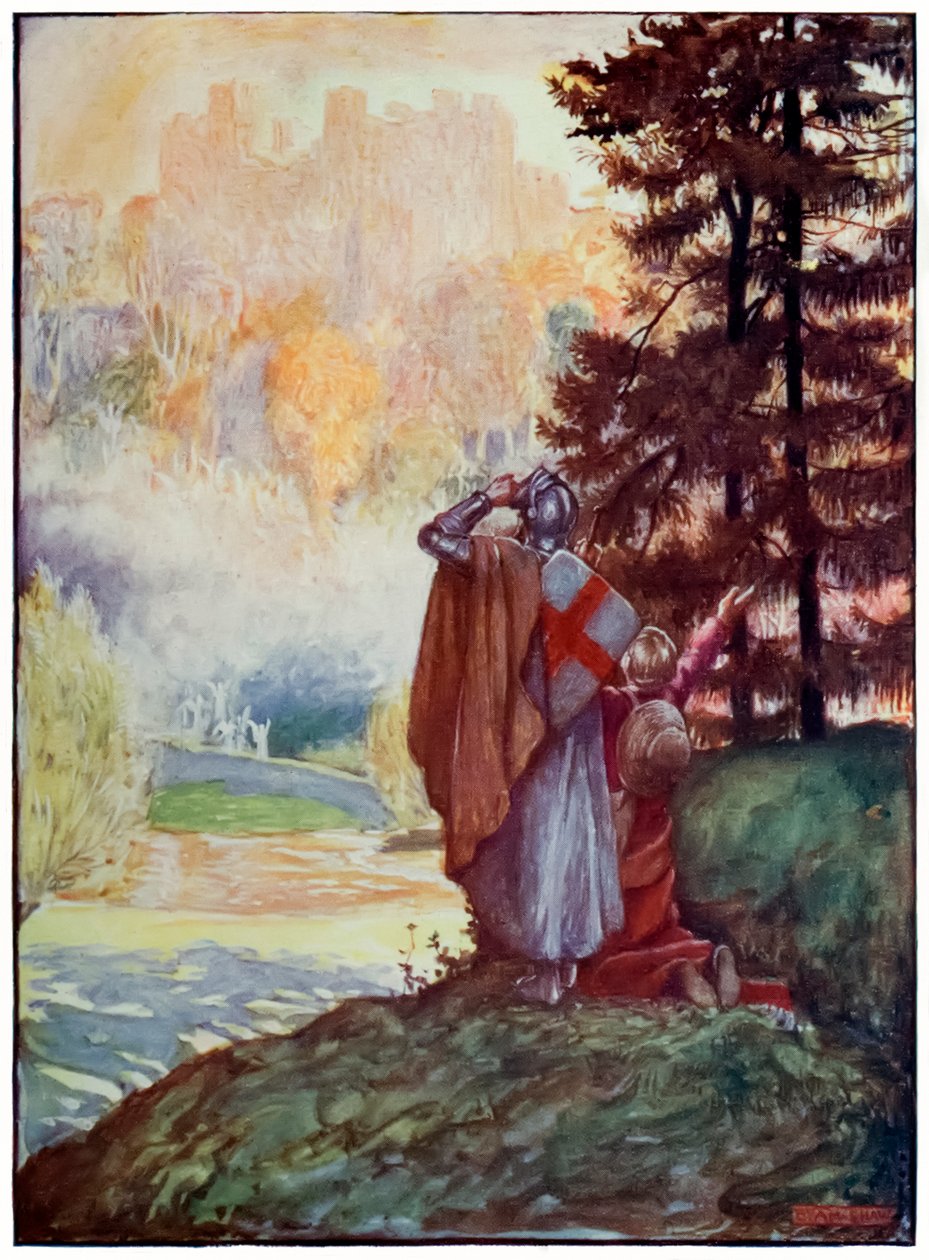 Cristãos e esperançosos avistam a Cidade Celestial dos Peregrinos Progresso deste mundo, para o que está por vir John Bunyan (1628-1688) Ilustração de Byam Shaw (1872-1919) de John Byam Liston Shaw