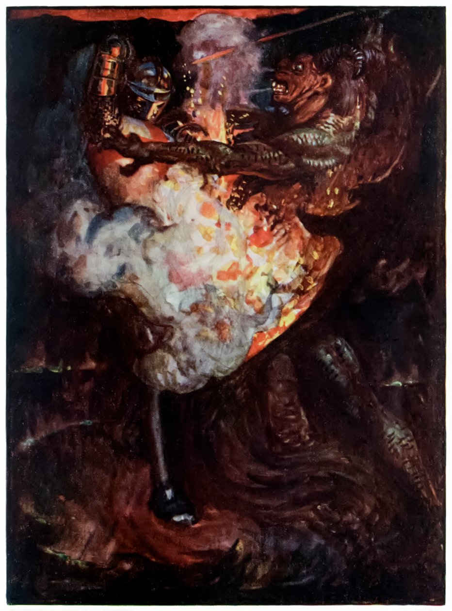 Lutas cristãs com Apollyon dos peregrinos Progresso deste mundo, ao que está por vir John Bunyan (1628-1688) Ilustração de Byam Shaw (1872-1919) mostrando Christian lutando contra Apollyon de John Byam Liston Shaw