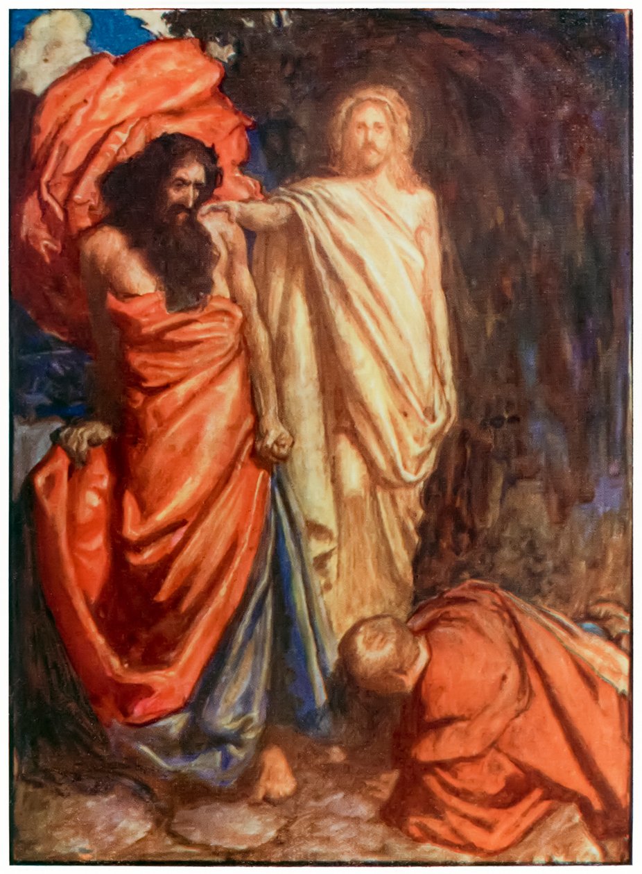 Fiéis abatidos por Moisés dos Peregrinos Progresso deste Mundo, ao que está por vir John Bunyan (1628-1688) Ilustração de Byam Shaw (1872-1919) mostrando Fiel espancado por um unmerc de John Byam Liston Shaw