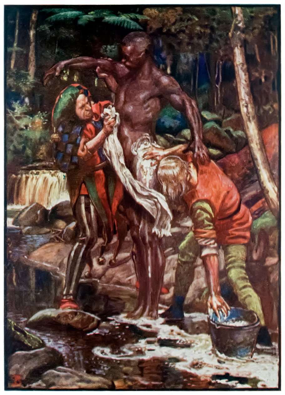 Tolo e Quer-Wit lavando o etíope dos peregrinos Progresso deste mundo, para o que está por vir John Bunyan (1628-1688) Ilustração por Byam Shaw (1872-1919), tentando lavar o Ethiop de John Byam Liston Shaw
