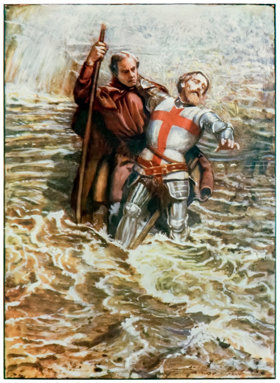Esperançoso ajuda Christian a atravessar o rio dos peregrinos Progresso deste mundo, ao que está por vir John Bunyan (1628-1688) Ilustração de Byam Shaw (1872-1919), os peregrinos atravessam de John Byam Liston Shaw