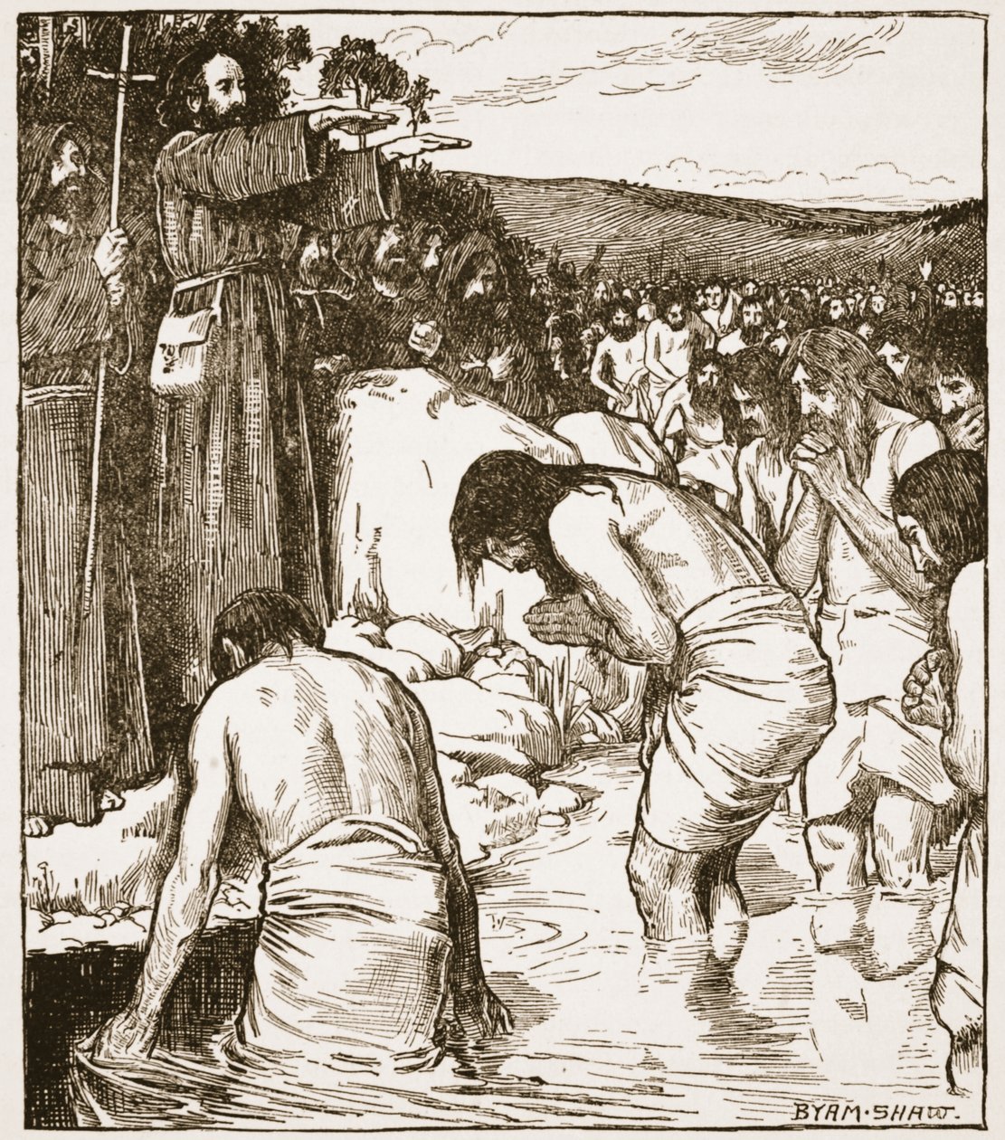 O Batismo em Tara, ilustração de "A Igreja da Inglaterra: Uma História para o Povo" por HDM Spence-Jones, pub. c.1910 (foto sépia) de John Byam Liston Shaw