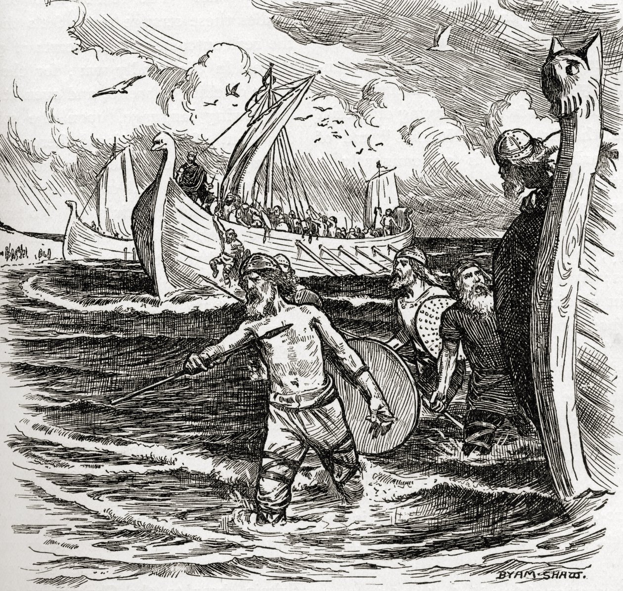 O desembarque dos jutos na ilha de Thanet, Kent, Inglaterra, 449 dC, do livro "A Igreja da Inglaterra: uma história para o povo", publicado em 1910 de John Byam Liston Shaw