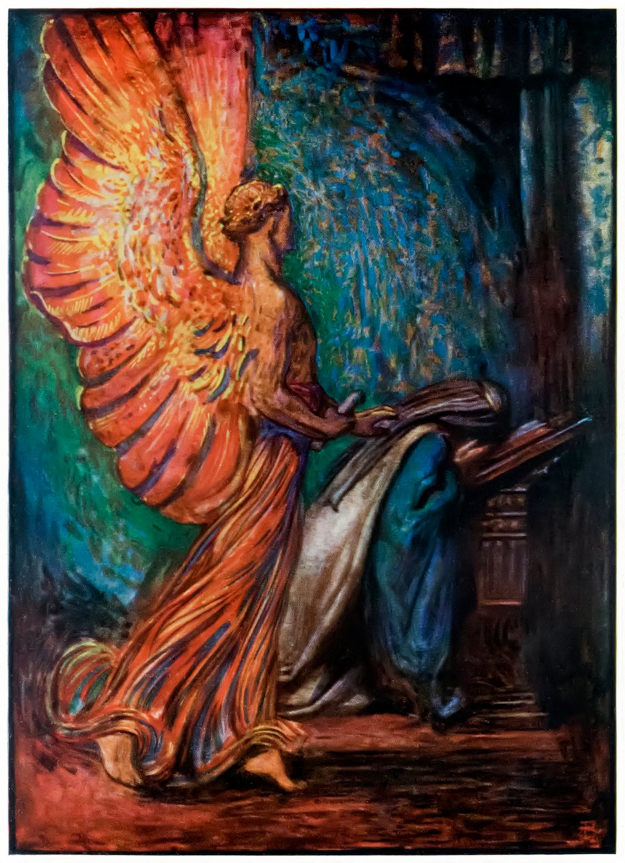 O Mensageiro vem para Christiana dos Peregrinos Progresso deste Mundo, para o que está por vir John Bunyan (1628-1688) Ilustração de Byam Shaw (1872-1919), um anjo chega convocando Chri de John Byam Liston Shaw