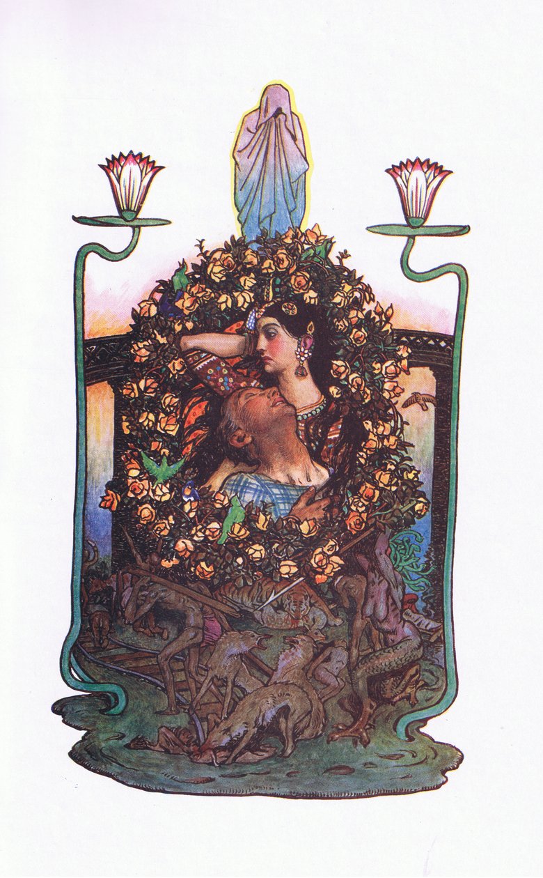O jardim da ponte, ilustração do The Garden of Kama (e outras letras da Índia), 1920 de John Byam Liston Shaw