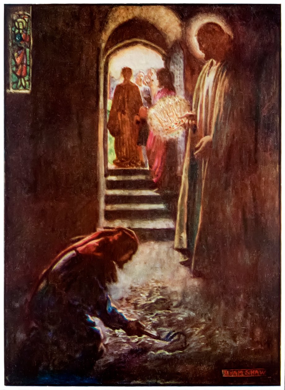 O homem com o muck-rake de The Pilgrims Progresso deste mundo, para o que está por vir John Bunyan (1628-1688) Ilustração de Byam Shaw (1872-1919), Na Casa dos Intérpretes, o homem pode de John Byam Liston Shaw
