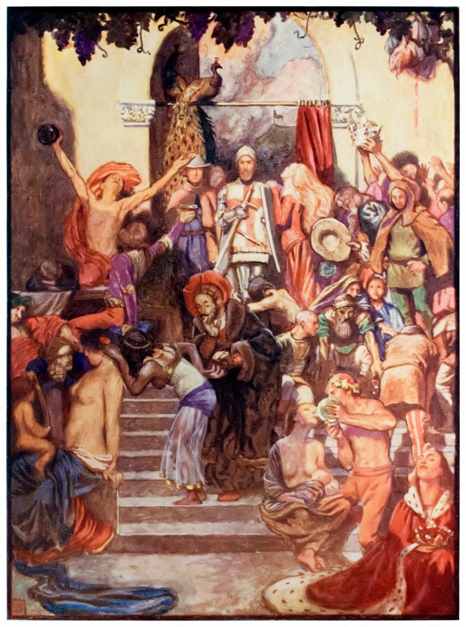 Feira da vaidade dos peregrinos progride deste mundo, ao que está por vir John Bunyan (1628-1688) Ilustração de Byam Shaw (1872-1919) mostrando cristãos e fiéis entrando na cidade de Va de John Byam Liston Shaw