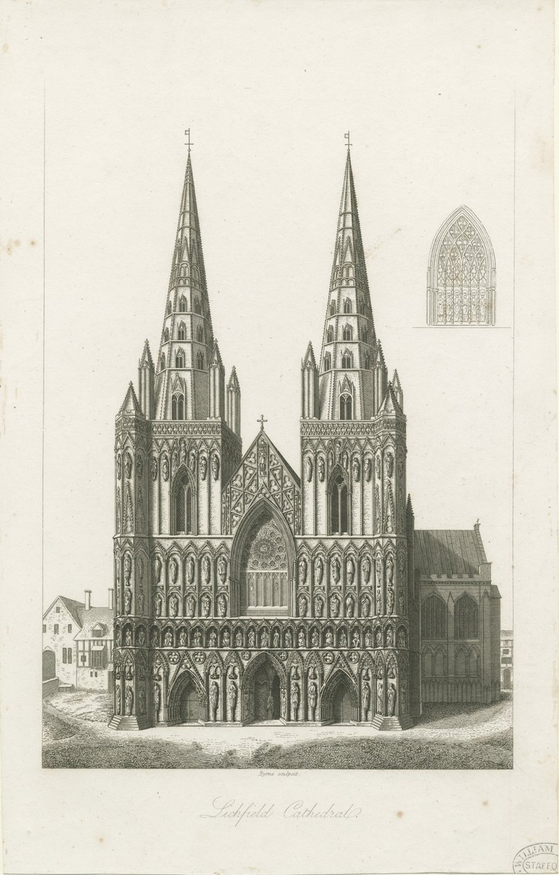 Catedral de Lichfield - Frente Oeste: gravura, nd [?early 19th cent] (estampado) de John Byrne