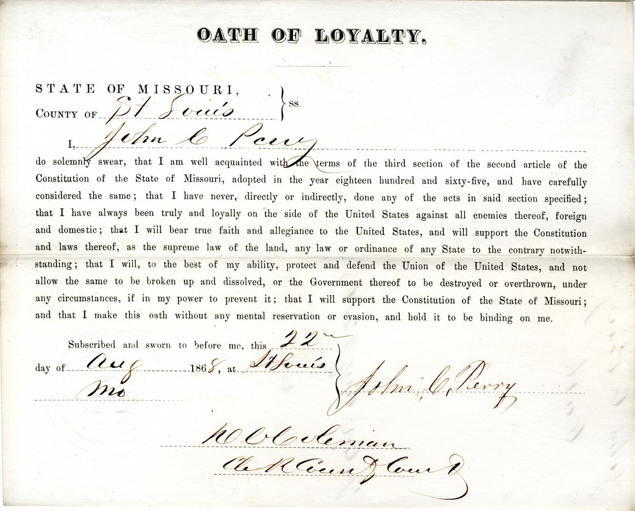 Juramento de lealdade de John C. Perry do Missouri, Condado de St. Louis de John C. Perry