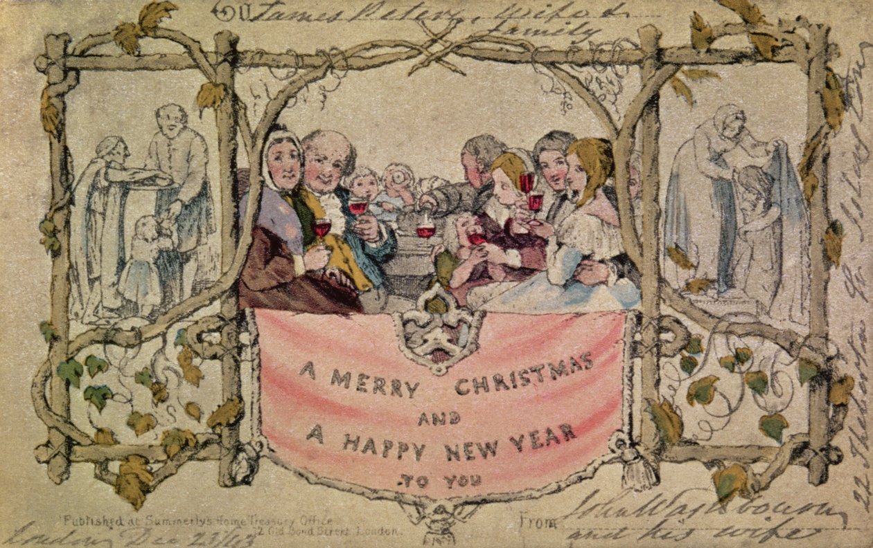 Cartão de Natal, exemplo do primeiro cartão de Natal conhecido, 1843 (aquarela colorida à mão impressa) (para desenho original ver 14897) de John Callcott Horsley