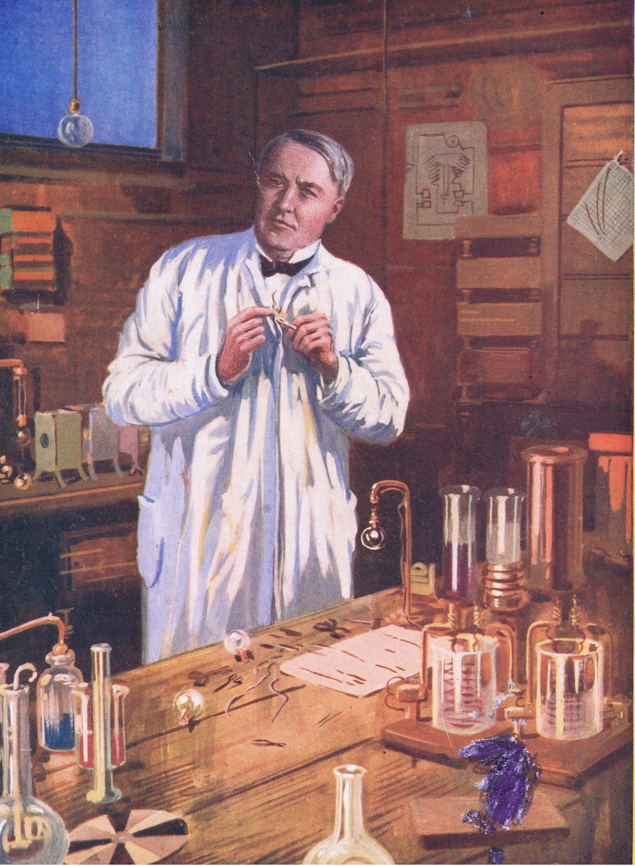 Edison: O feiticeiro das invenções, ilustração do "Romance de Vidas Famosas" de Cassell, c.1940 (cor litho) de John Cameron