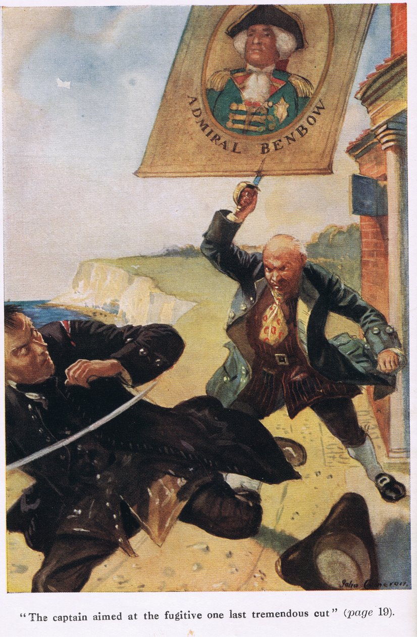 O capitão apontou para o fugitivo no último corte enorme, ilustração de "Ilha do Tesouro" por Robert Louis Stevenson de John Cameron