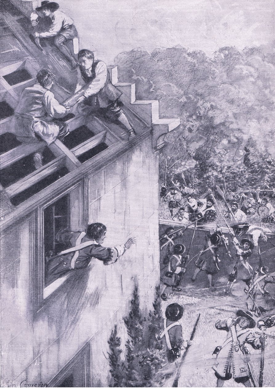 O ataque a Dukeld, em 21 de agosto de 1689, ilustração das Batalhas Britânicas na Terra e no Mar, 1915 de John Cameron