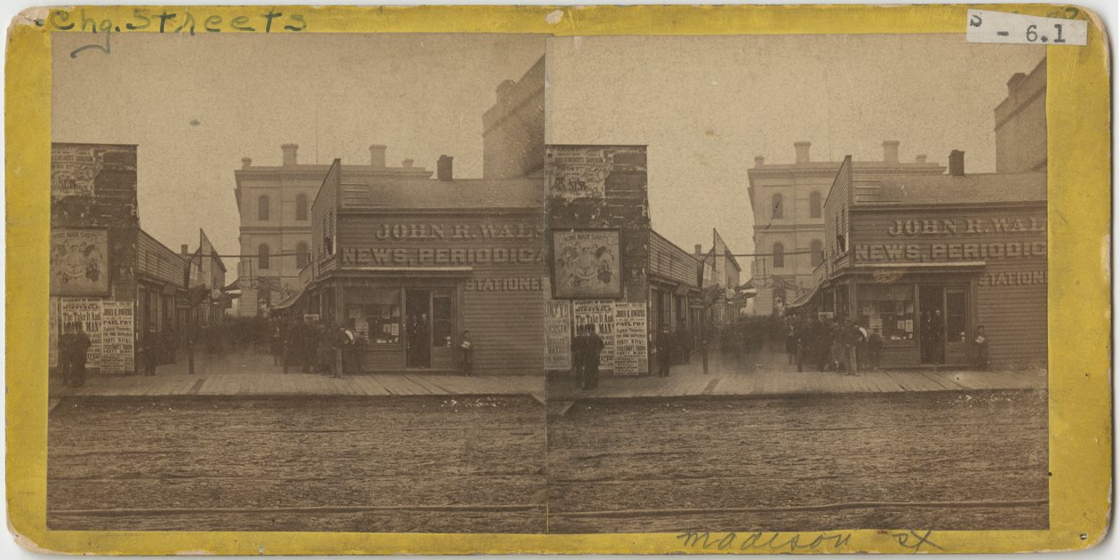 Vista da loja John R. Walsh Periódicos na Madison Street, Chicago com os Correios ao fundo, 1869 de John Carbutt