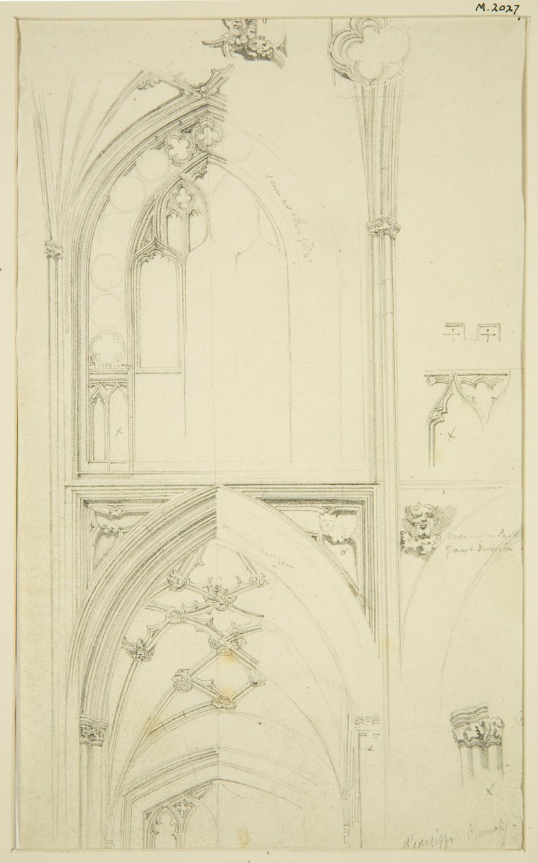 Detalhes da Janela Clerestory Tracery and Vaulting of the Aisle abaixo, em St Mary Redcliffe (lápis & aquarela sobre papel) de John Carter