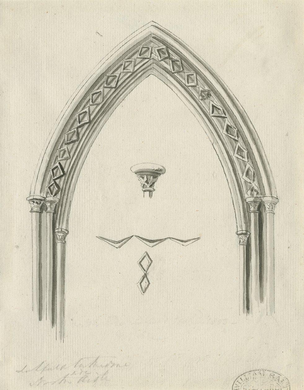 Interior da Catedral de Lichfield - Arco no corredor norte: desenho em sépia, sd [ Séc. XIX] (desenho) de John Carter