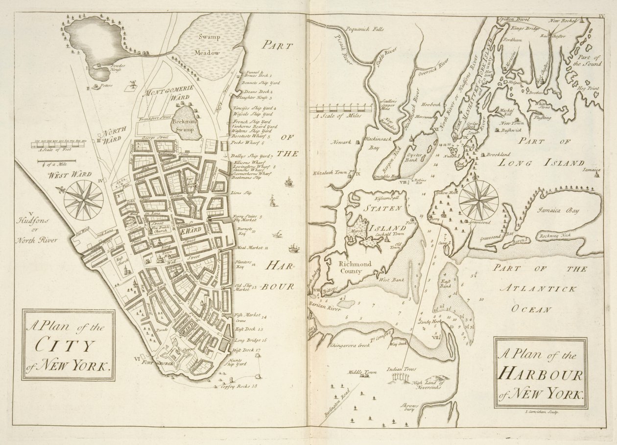 Holkham MS 109 F 41, planos da cidade e do porto de Nova Iorque, c.1740 (gravura) de John Carwitham