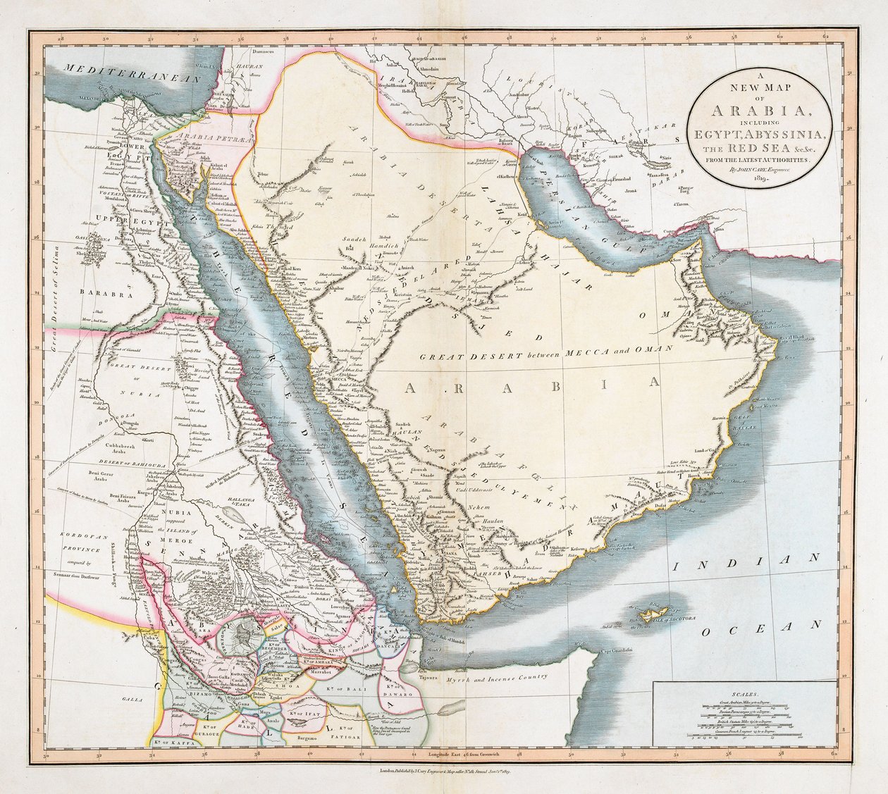 A New Map of Arabia, including Egypt, Abyssinia, the Red Sea amp; c. amp; c. from the latest Authorities. de John Cary