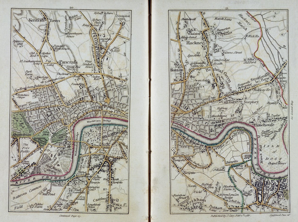 Mapa de East London, placas 20-21, de &39;Pesquisa real de Cary de Middlesex&39;, 1786 (gravura à mão) de John Cary