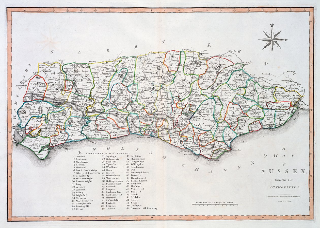 Mapa de Sussex, 26 de março de 1805 (gravura colorida à mão) de John Cary