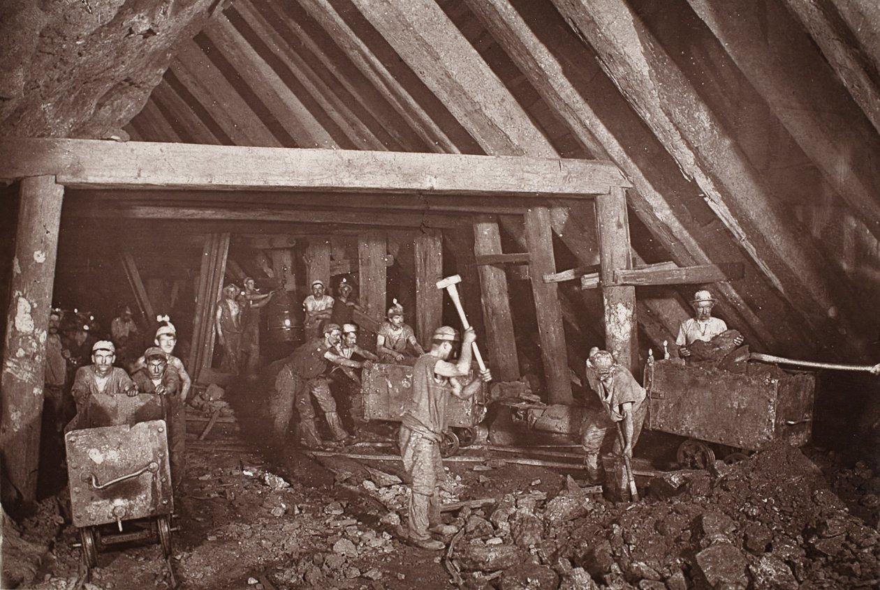 A 412, mina Dolcoath, ilustração de "Mongst mines and miners, ou Underground Scenes by Flash-Light" de J.C. Burrows e William Thomas, pub. 1893 (foto sépia) de John Charles Burrow