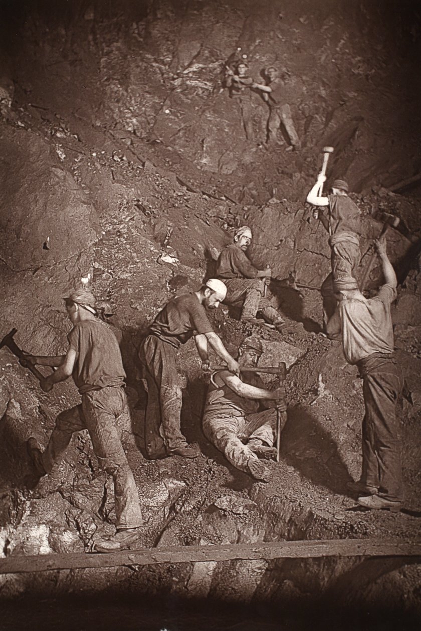 Underhand Stoping, mina East Pool, ilustração de "Mongst mines and miners, ou Underground Scenes by Flash-Light" de J.C. Burrows e William Thomas, pub. 1893 (foto sépia) de John Charles Burrow