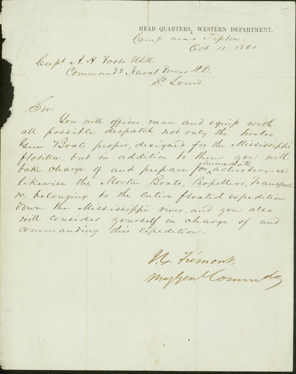 Carta assinada por J.C. Fremont, Major General Comandante, Quartel General, Departamento Ocidental, acampamento perto de Tipton, ao Capitão A.H. Foote, Comando das Forças Navais H.D., St. Louis, 11 de outubro de 1861 de John Charles Frémont