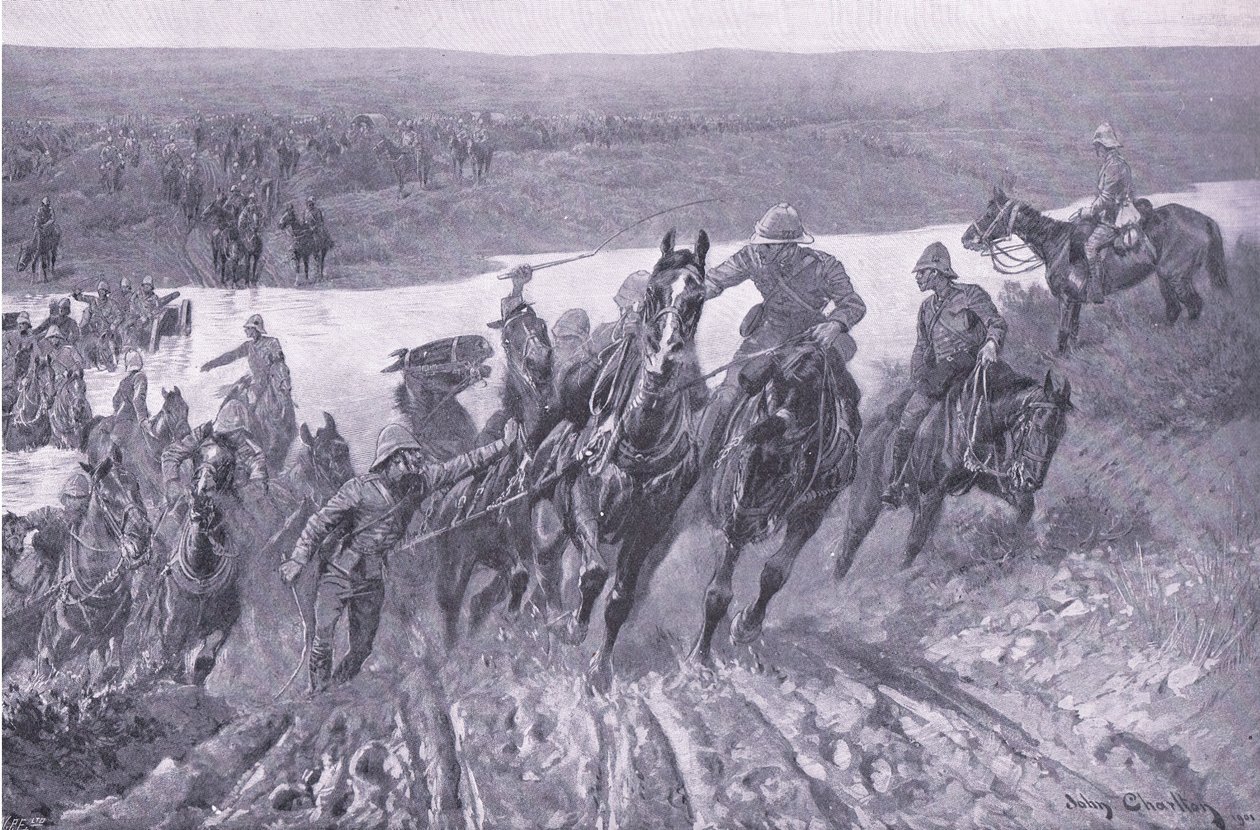 Artilharia, fording, a, caledon, em, karreepoort, drift, ilustração, de, após, pretoria :, a, guerrilha, guerra, 1902 de John Charlton