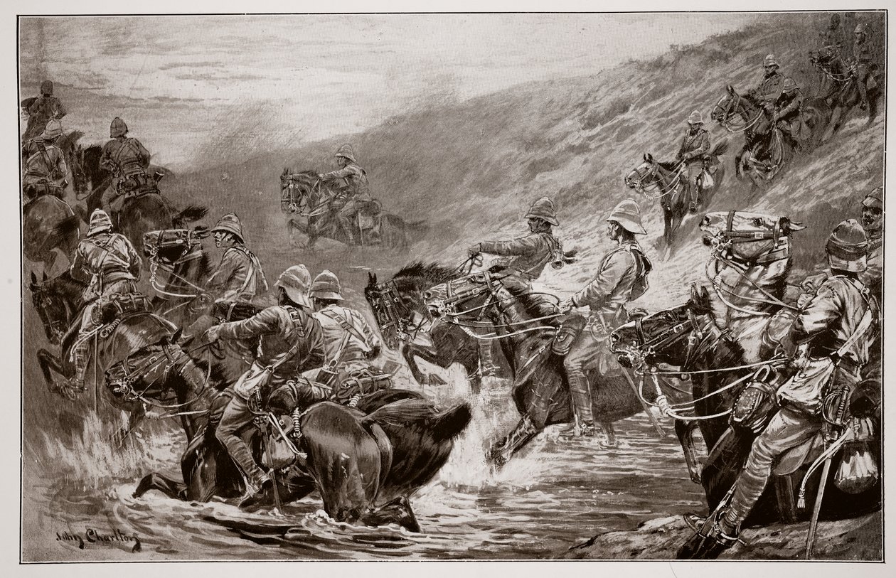 The Dash for Kimberley - O 10º Hussars Crossing Klip Drift, depois de um esboço de GD Giles (fl.1890) de John Charlton
