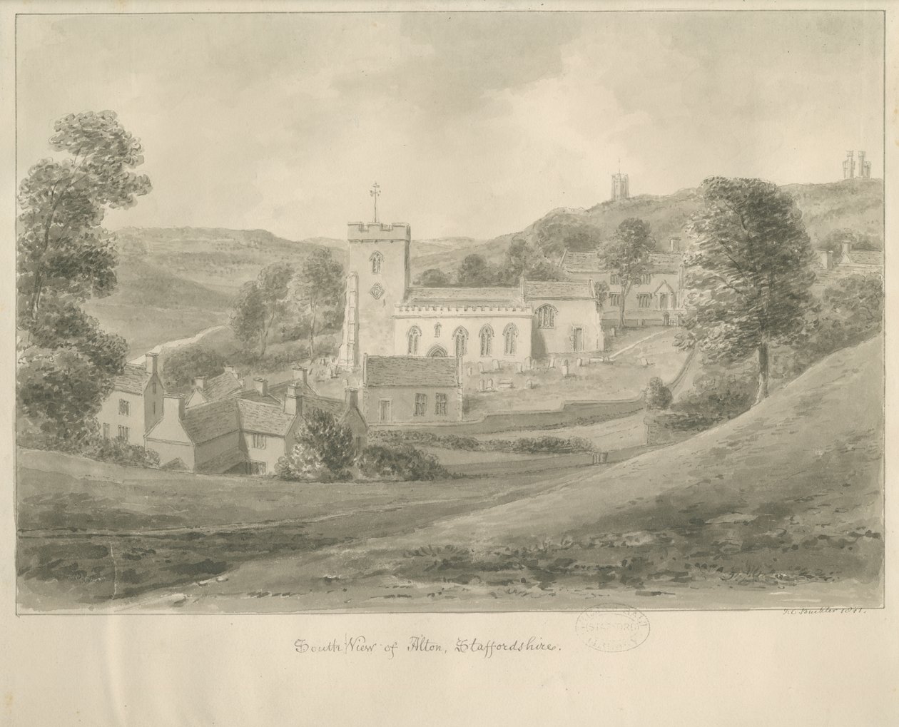 Alton - Igreja e Casas: desenho sépia de John Chessell Buckler