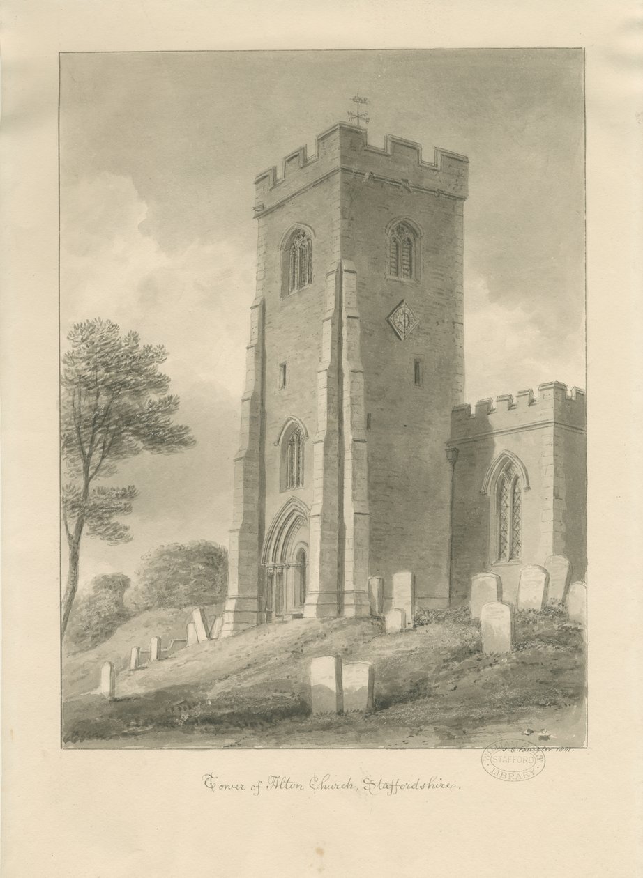 Igreja de Alton - torre: desenho em sépia, 1841 de John Chessell Buckler