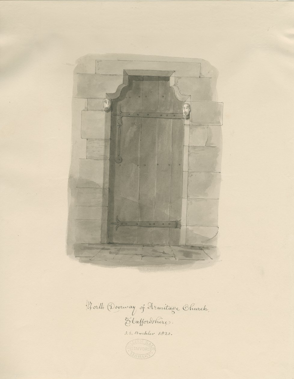 Igreja Armitage - Porta Norte: desenho em sépia de John Chessell Buckler