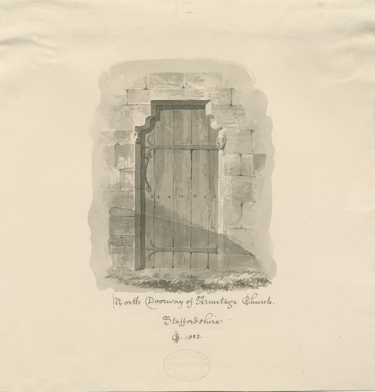 Armitage Church - North Doorway: desenho em sépia, 1823 de John Chessell Buckler