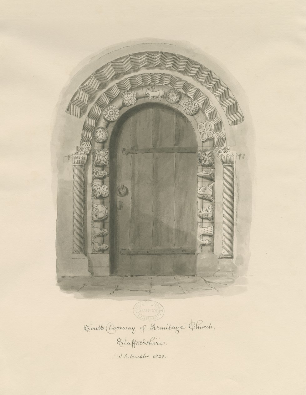 Igreja Armitage - Porta Sul: desenho sépia de John Chessell Buckler