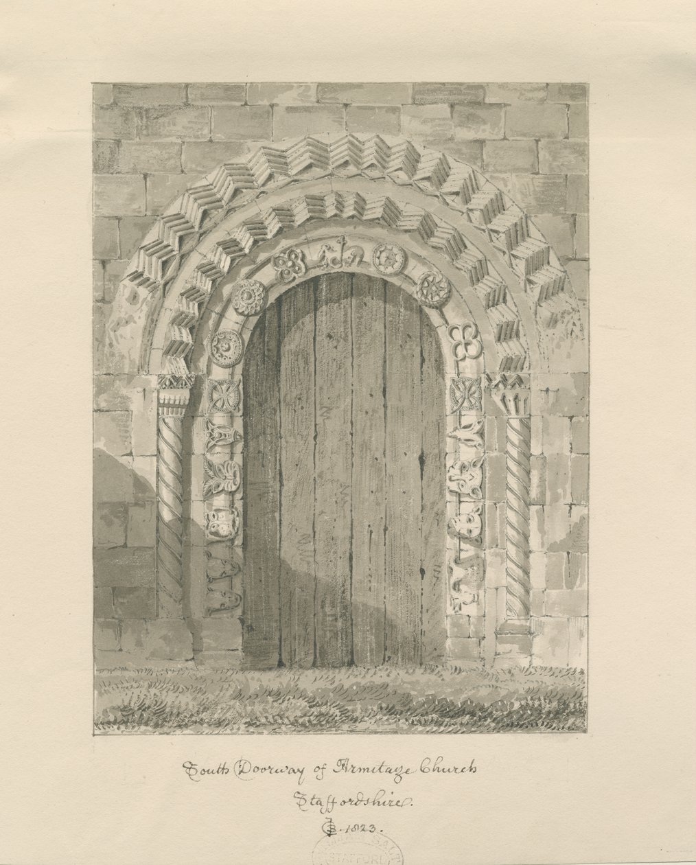 Igreja de Armitage - Porta Sul: desenho sépia, 1823 de John Chessell Buckler