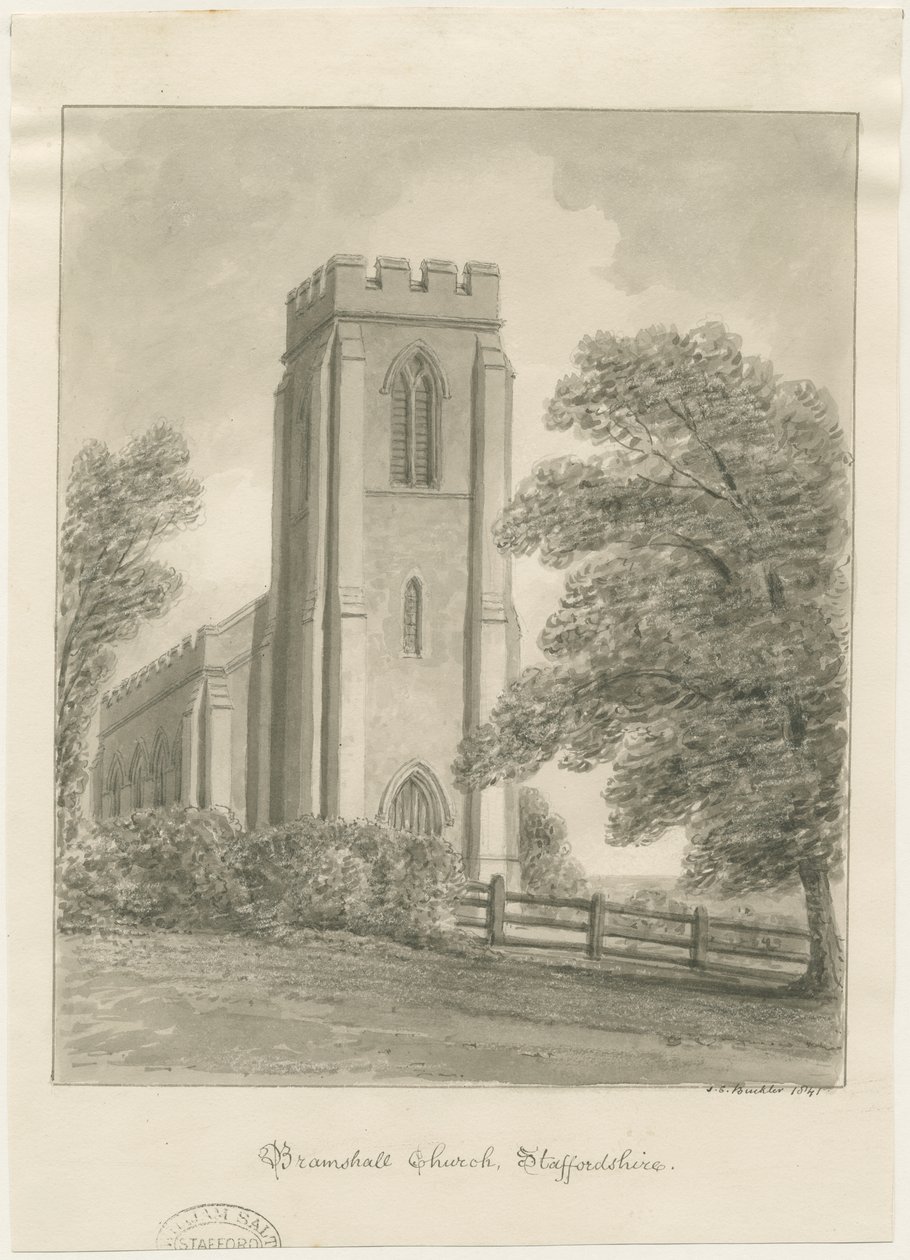 Igreja de Bramshall: desenho em sépia de John Chessell Buckler