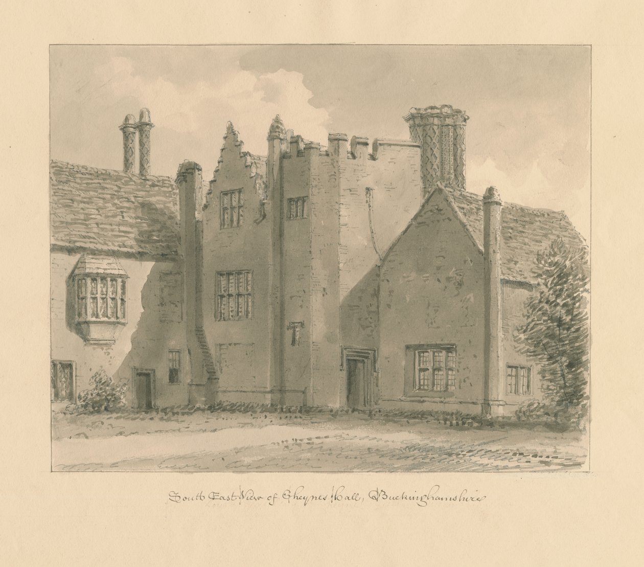 Buckinghamshire - Chenies Hall: desenho em sépia, 1824 de John Chessell Buckler