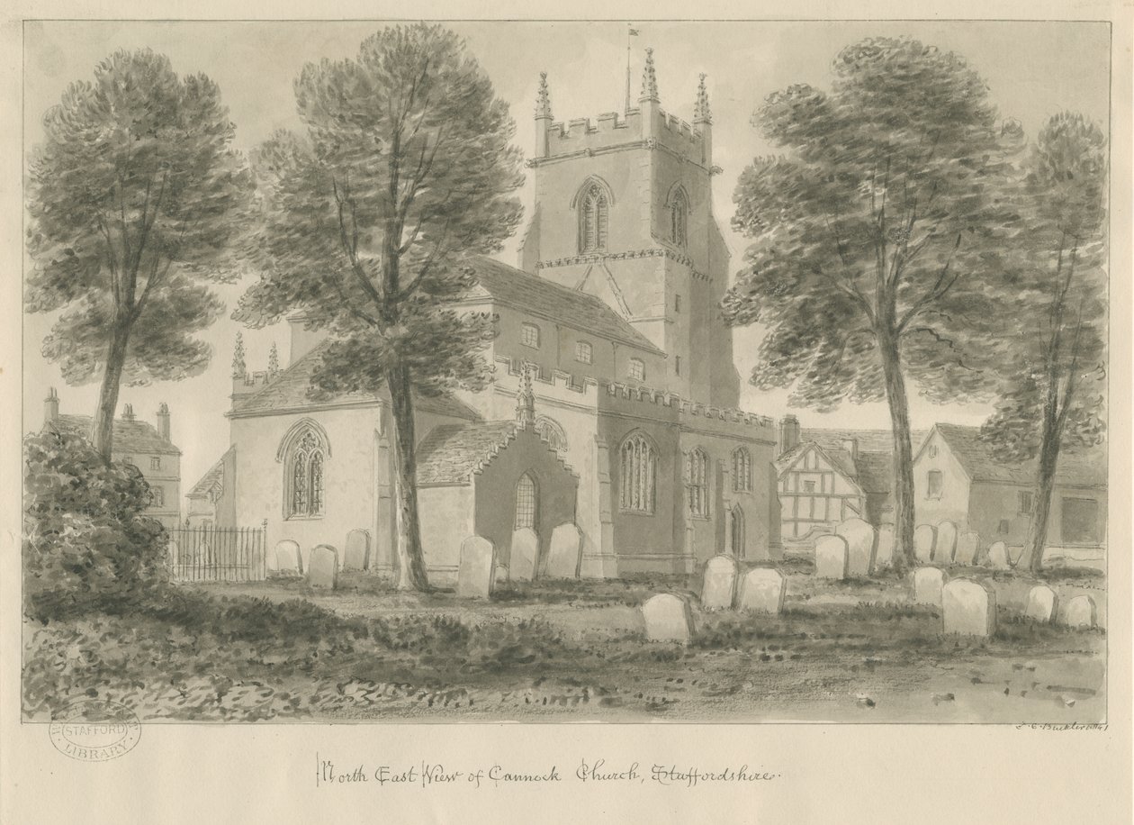 Igreja Cannock: desenho sépia de John Chessell Buckler