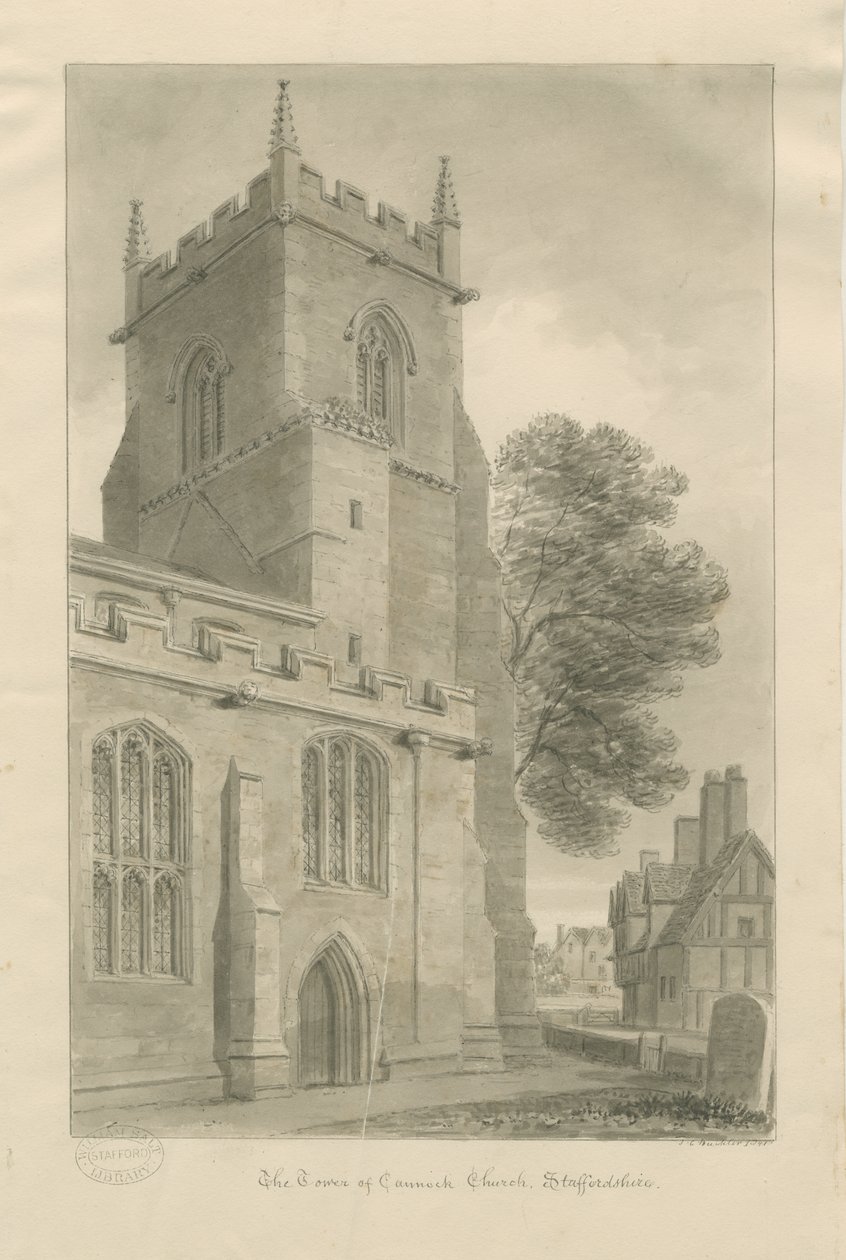 Igreja Cannock: desenho sépia de John Chessell Buckler